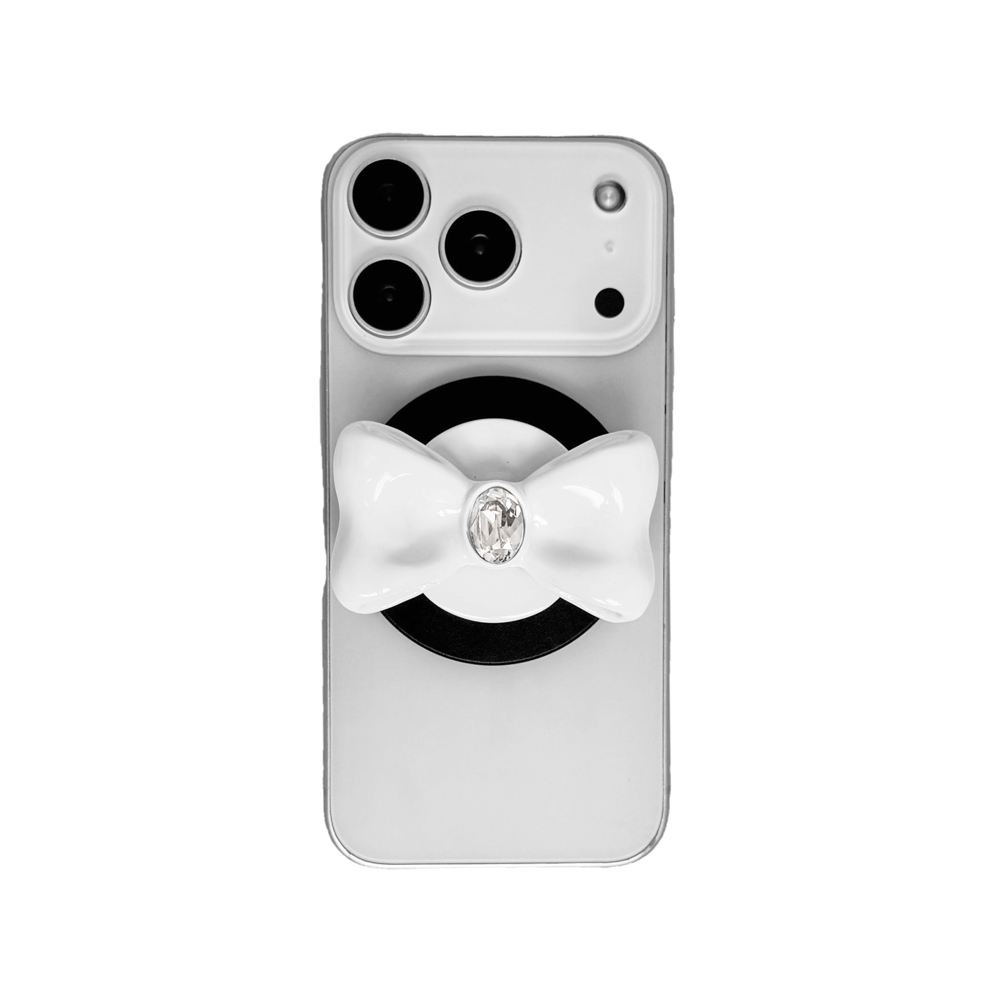 Gem Bow Phone Grip S available in black, and white bows, each featuring Swarovski crystal options: black and white with black, white, or pink gems.