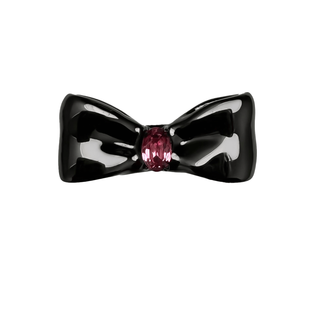 Elegant bow-shaped ring in silver and black with a pink Swarovski crystal at the center.