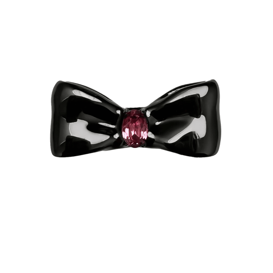 Elegant bow-shaped ring in silver and black with a pink Swarovski crystal at the center.
