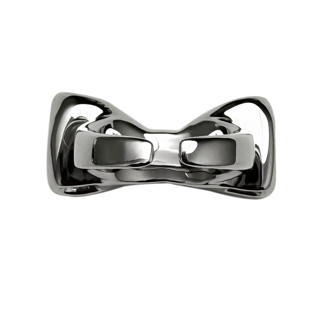 Elegant bow-shaped ring in silver and black with a pink Swarovski crystal at the center.