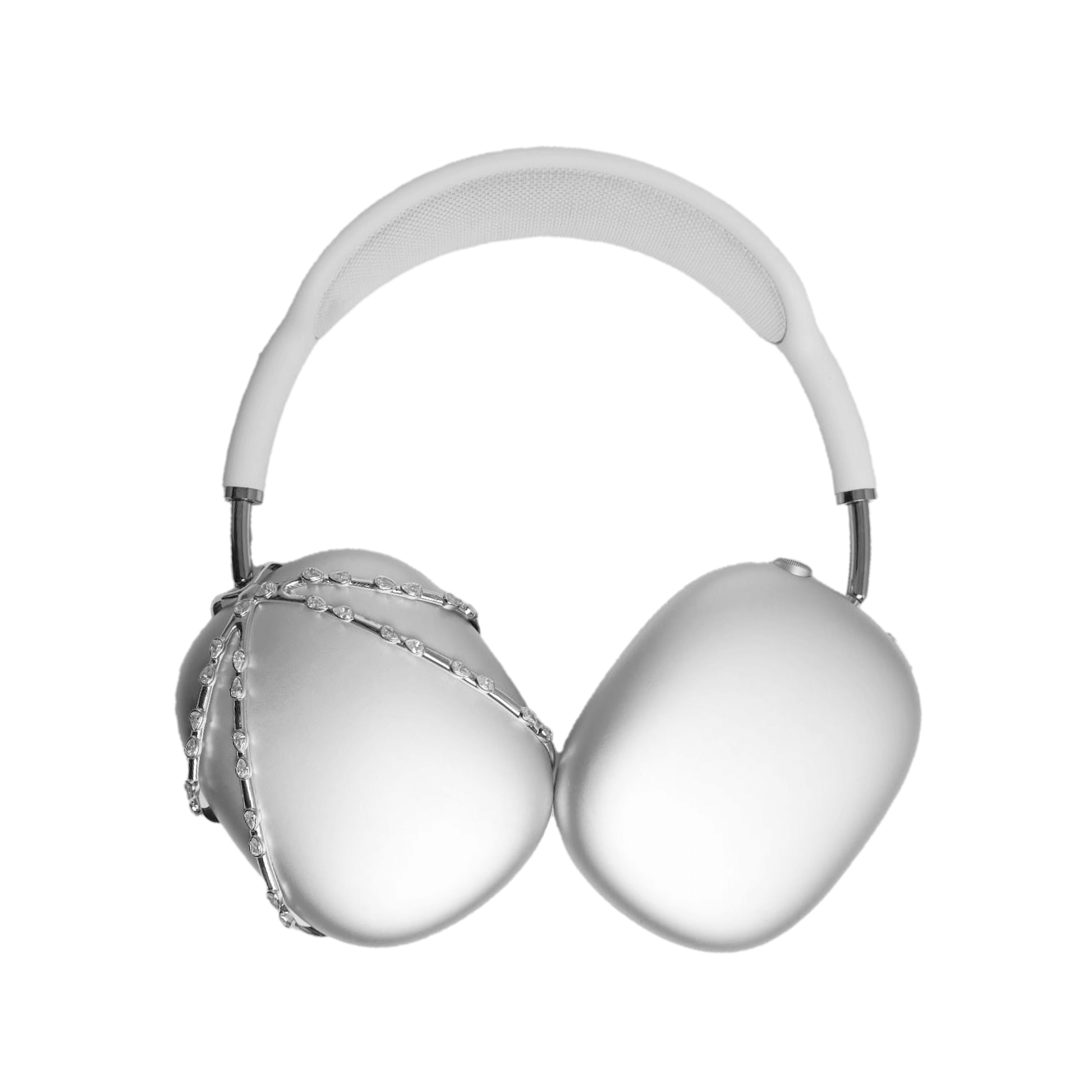 A luxury metal attachment for AirPods Max headphones featuring delicate metallic chains embedded with sparkling white crystals. The product is shown in a reflective Silver-Chrome finish, available as both a single ear cup cover and a symmetrical pair.