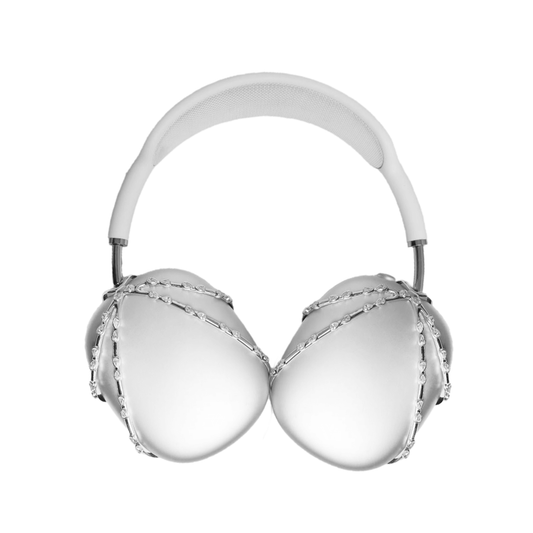 A luxury metal attachment for AirPods Max headphones featuring delicate metallic chains embedded with sparkling white crystals. The product is shown in a reflective Silver-Chrome finish, available as both a single ear cup cover and a symmetrical pair.
