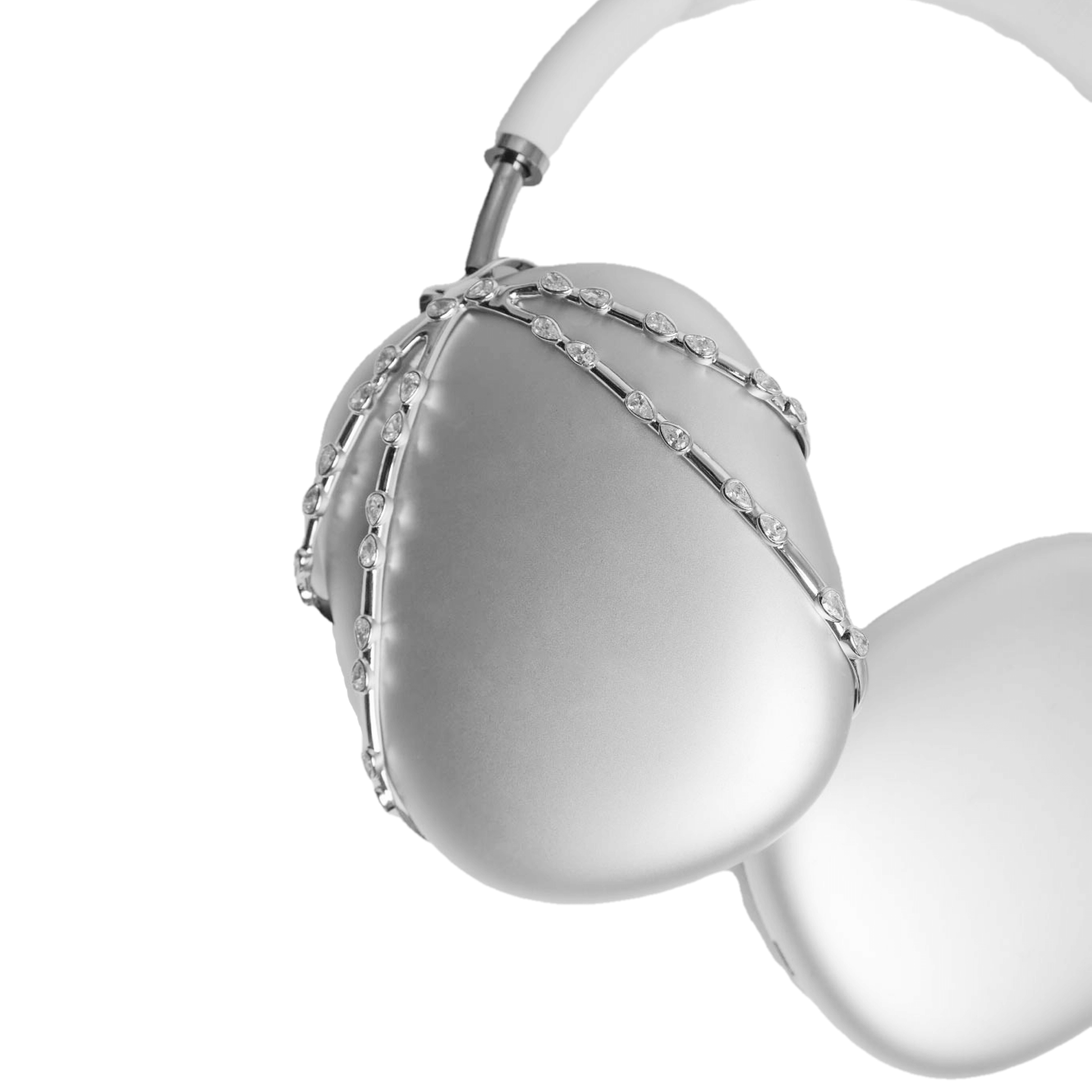 A luxury metal attachment for AirPods Max headphones featuring delicate metallic chains embedded with sparkling white crystals. The product is shown in a reflective Silver-Chrome finish, available as both a single ear cup cover and a symmetrical pair.