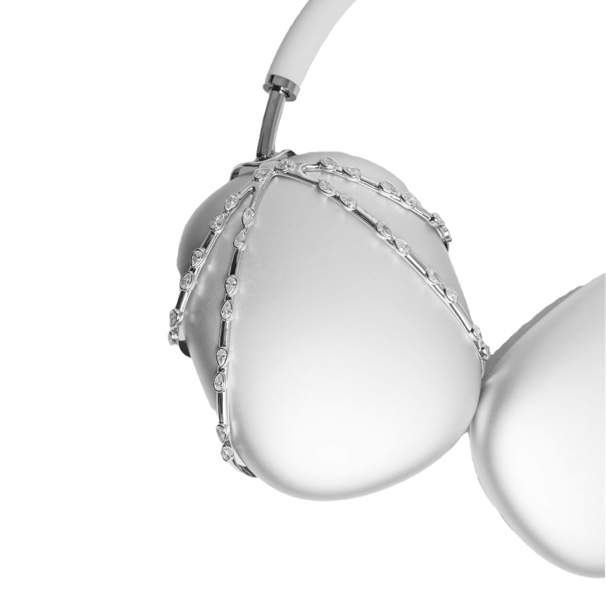 A luxury metal attachment for AirPods Max headphones featuring delicate metallic chains embedded with sparkling white crystals. The product is shown in a reflective Silver-Chrome finish, available as both a single ear cup cover and a symmetrical pair.