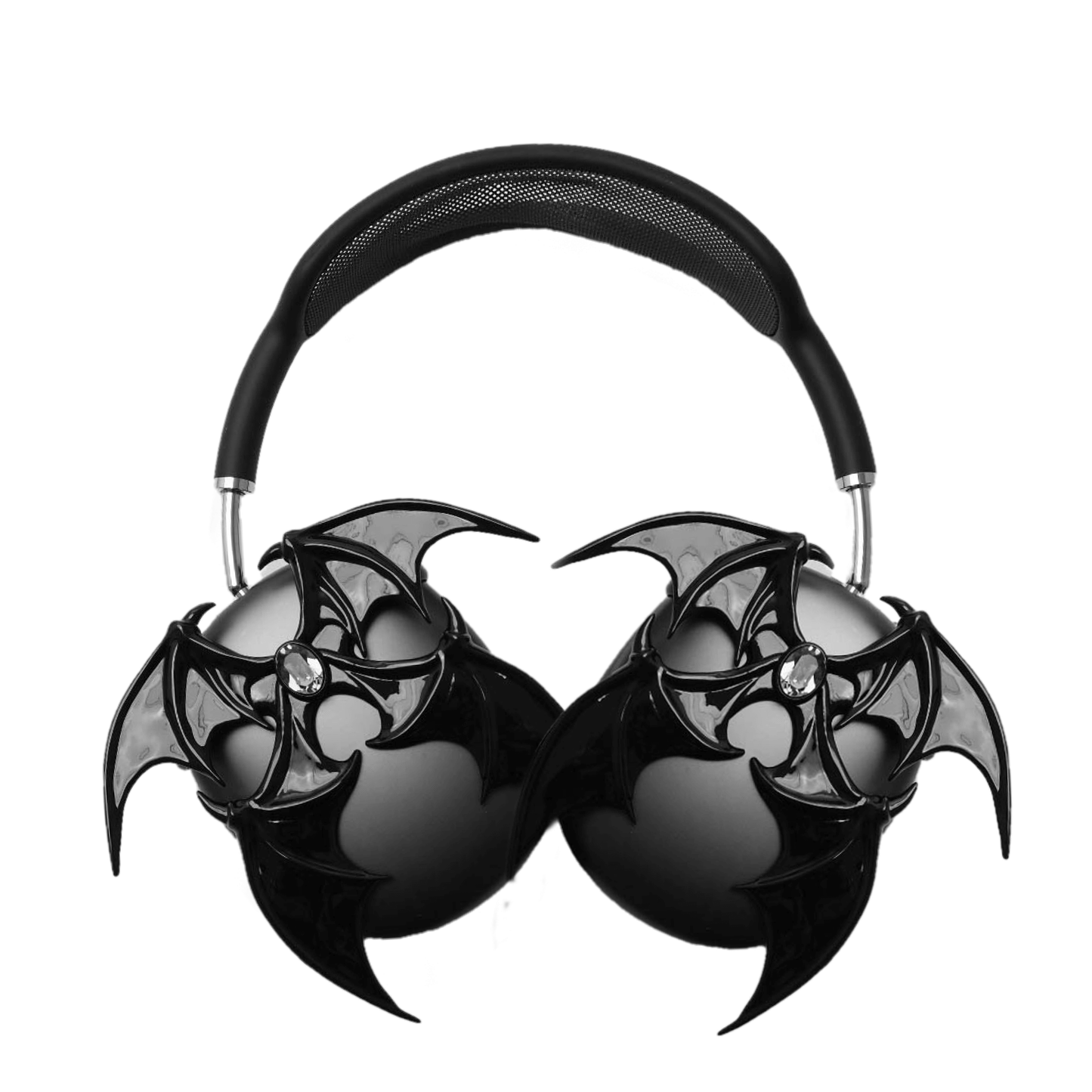 A high-fashion 3D attachment for AirPods Max featuring sharp, layered demon/bat wings with a central black Swarovski crystal on each ear cup. Available in two finishes: Reflective Silver Chrome and Sleek Nocturnal Black, shown in both single and pair configurations.