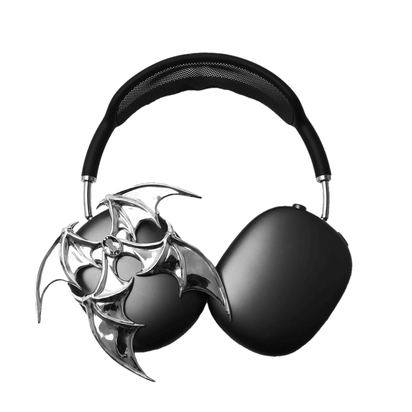 A high-fashion 3D attachment for AirPods Max featuring sharp, layered demon/bat wings with a central black Swarovski crystal on each ear cup. Available in two finishes: Reflective Silver Chrome and Sleek Nocturnal Black, shown in both single and pair configurations.