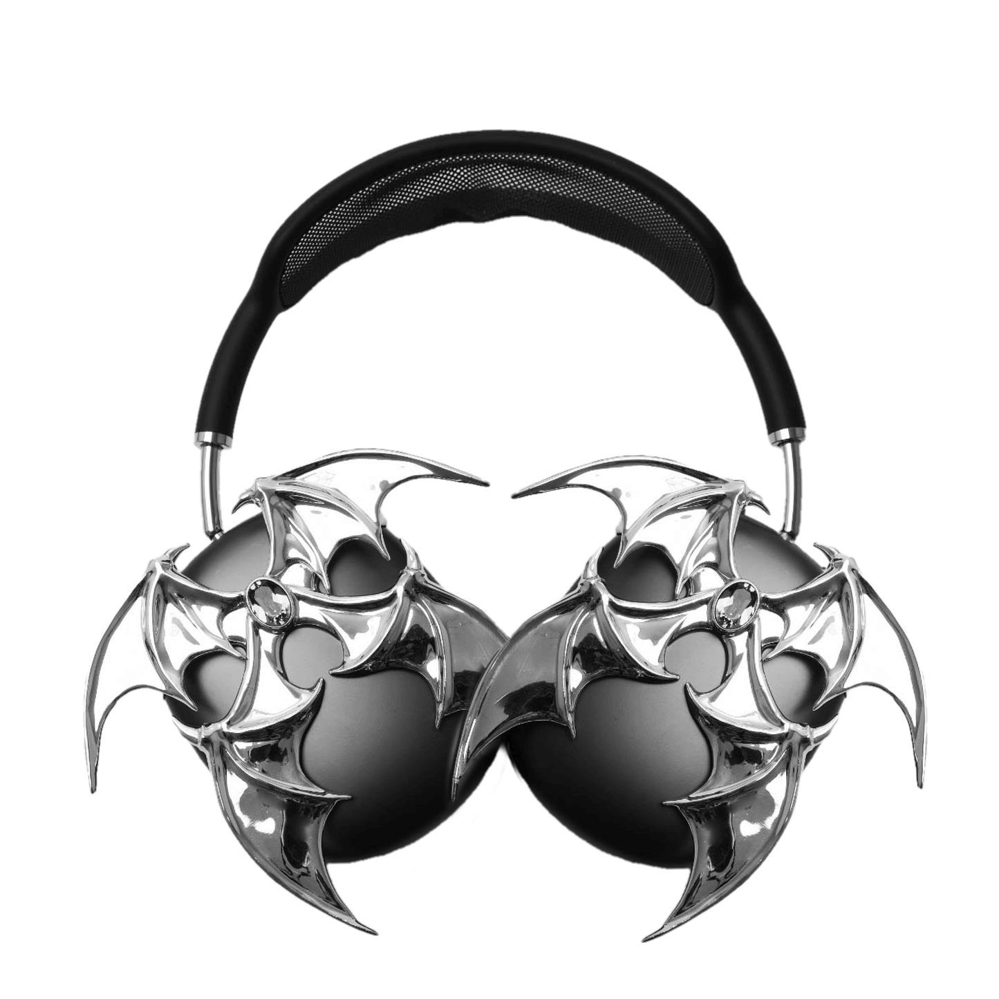 A high-fashion 3D attachment for AirPods Max featuring sharp, layered demon/bat wings with a central black Swarovski crystal on each ear cup. Available in two finishes: Reflective Silver Chrome and Sleek Nocturnal Black, shown in both single and pair configurations.
