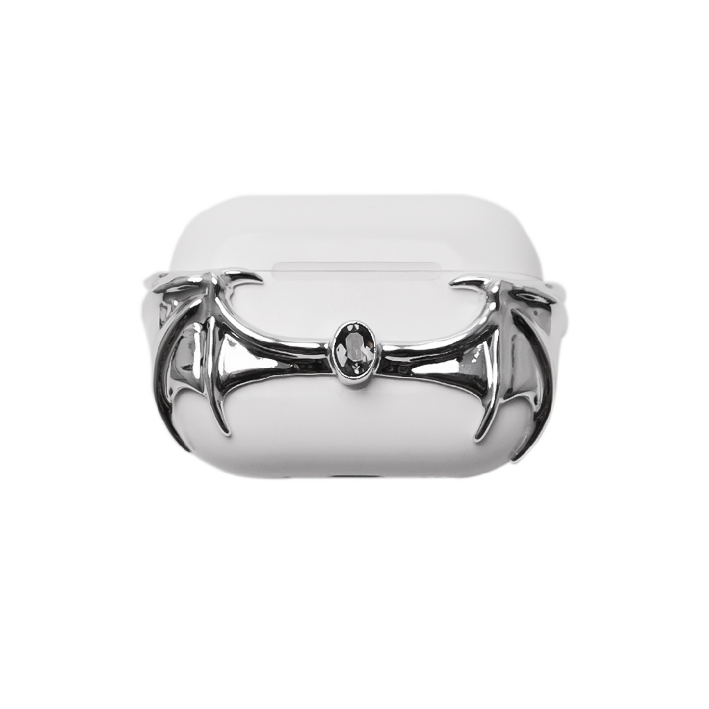 A protective cover for AirPods featuring 3D sculpted demon wings wrapping around the case with a central black Swarovski crystal. Shown in two versions: a reflective Silver Chrome wing and a Sleek Black wing, compatible with AirPods 4 and AirPods Pro models.