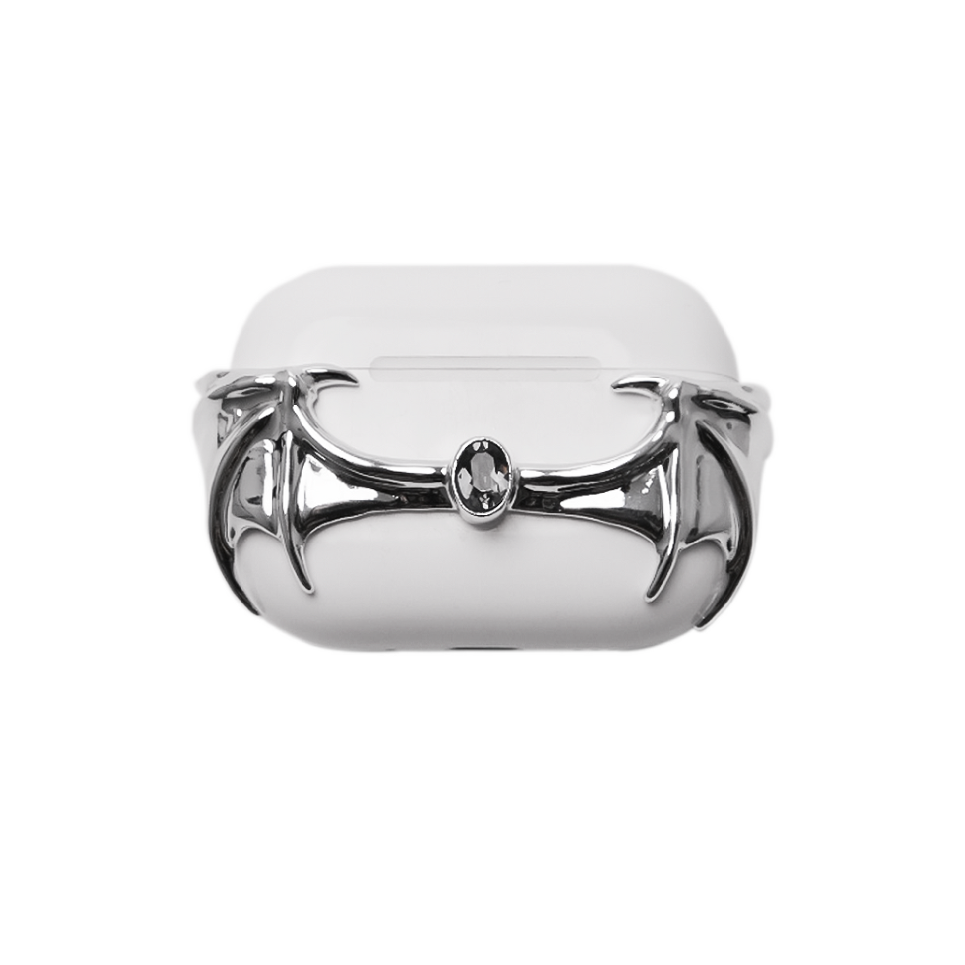 A protective cover for AirPods featuring 3D sculpted demon wings wrapping around the case with a central black Swarovski crystal. Shown in two versions: a reflective Silver Chrome wing and a Sleek Black wing, compatible with AirPods 4 and AirPods Pro models.