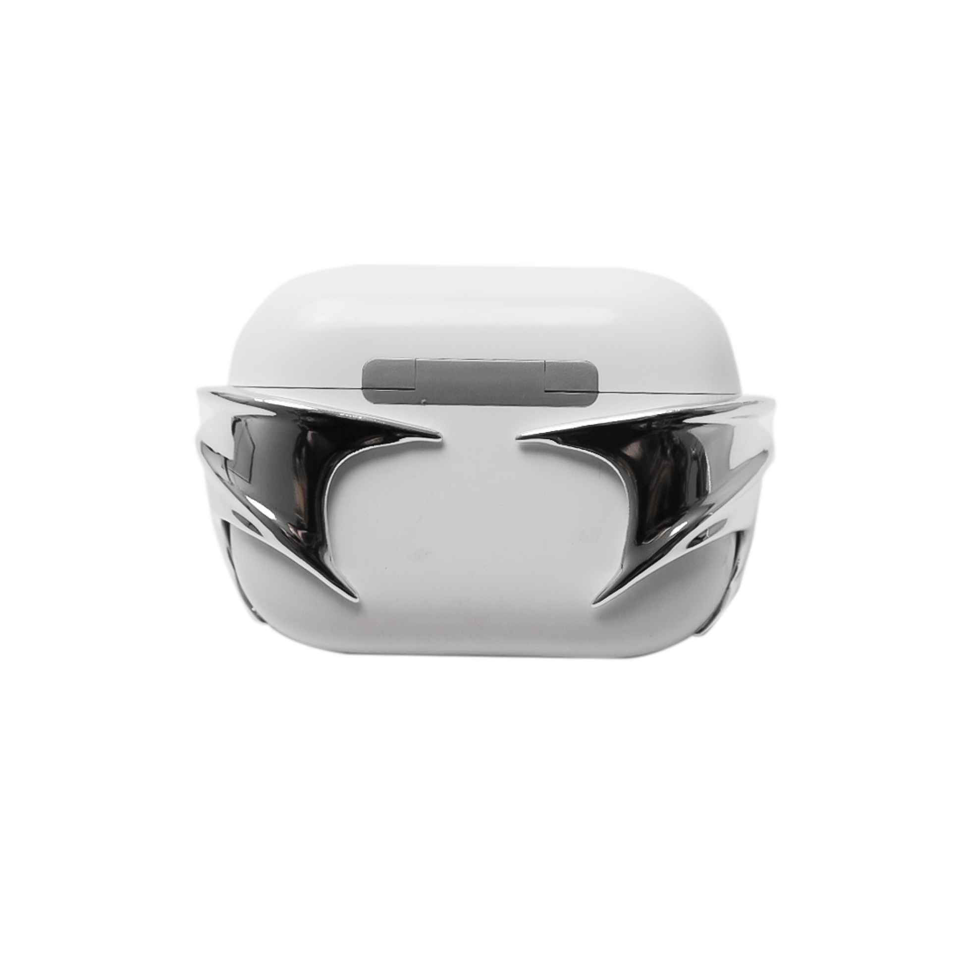 A protective cover for AirPods featuring 3D sculpted demon wings wrapping around the case with a central black Swarovski crystal. Shown in two versions: a reflective Silver Chrome wing and a Sleek Black wing, compatible with AirPods 4 and AirPods Pro models.