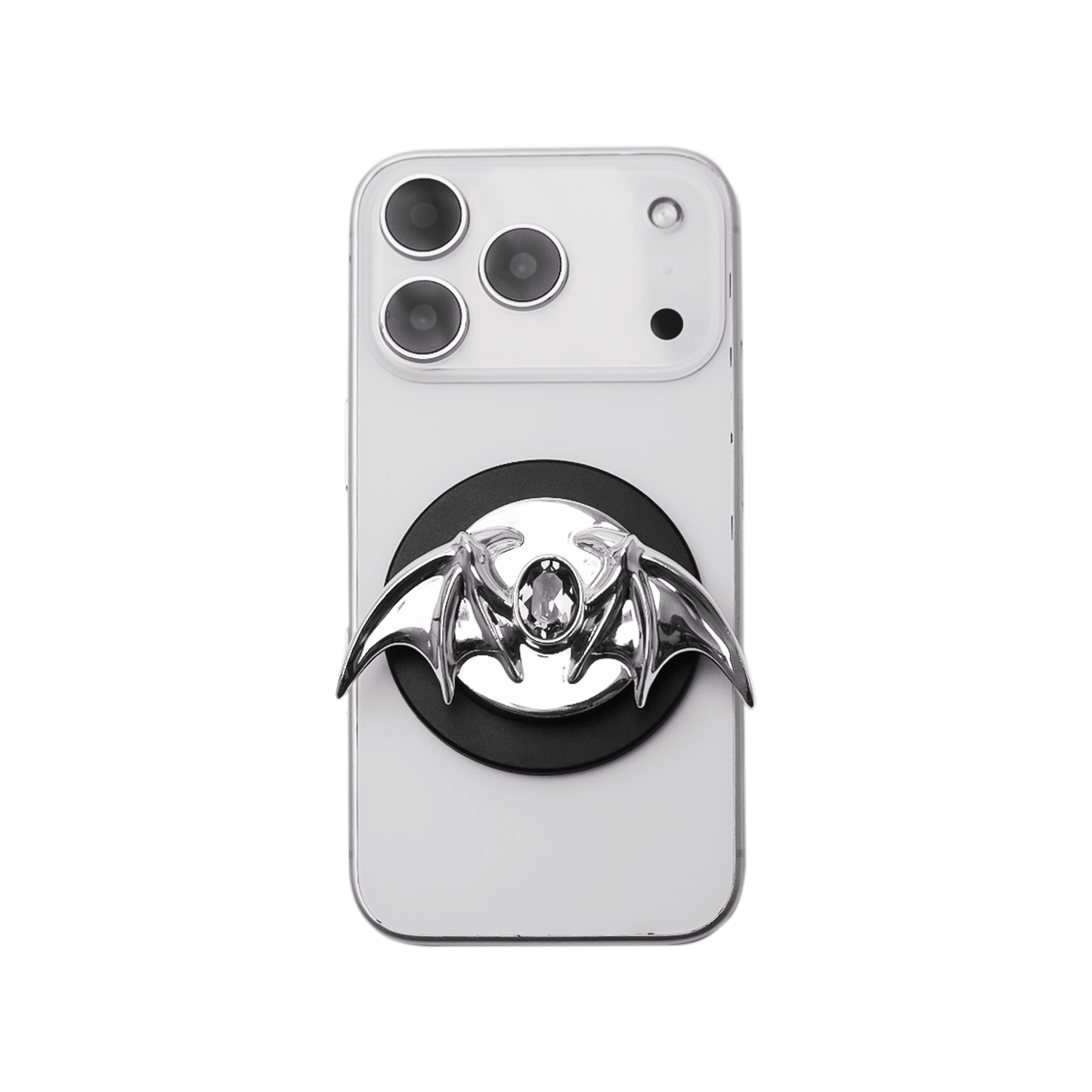 A 3D sculpted demon wing phone grip featuring a central black Swarovski crystal. The product is shown in two finish options: a reflective Silver Chrome that contrasts with the dark gem, and a Sleek Black finish for a full monochromatic look. It is designed to function as both a secure hand grip and a desktop stand.
