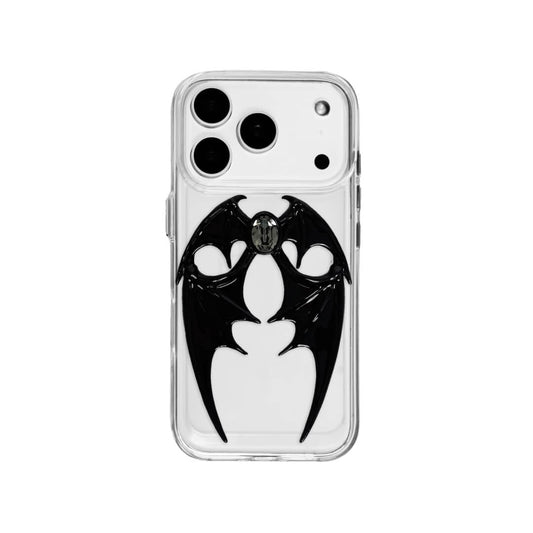 A demon wings iPhone case featuring twin black wings and a Swarovski black crystal centerpiece, shown in transparent and black leather options.