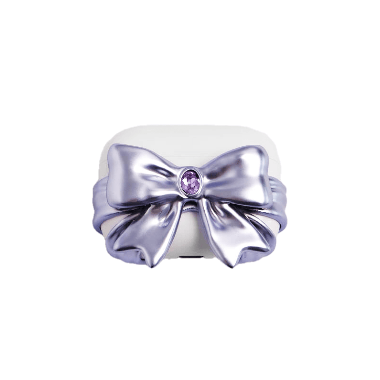 Enchanting metallic purple bow-shaped AirPods case with a matching sparkling center gemstone, limited edition romantic tech accessory.
幻想的なメタリックパープルのリボン型AirPodsケース。中央に輝く同系色の宝石をあしらった、限定版のロマンチックなテックアクセサリー。
