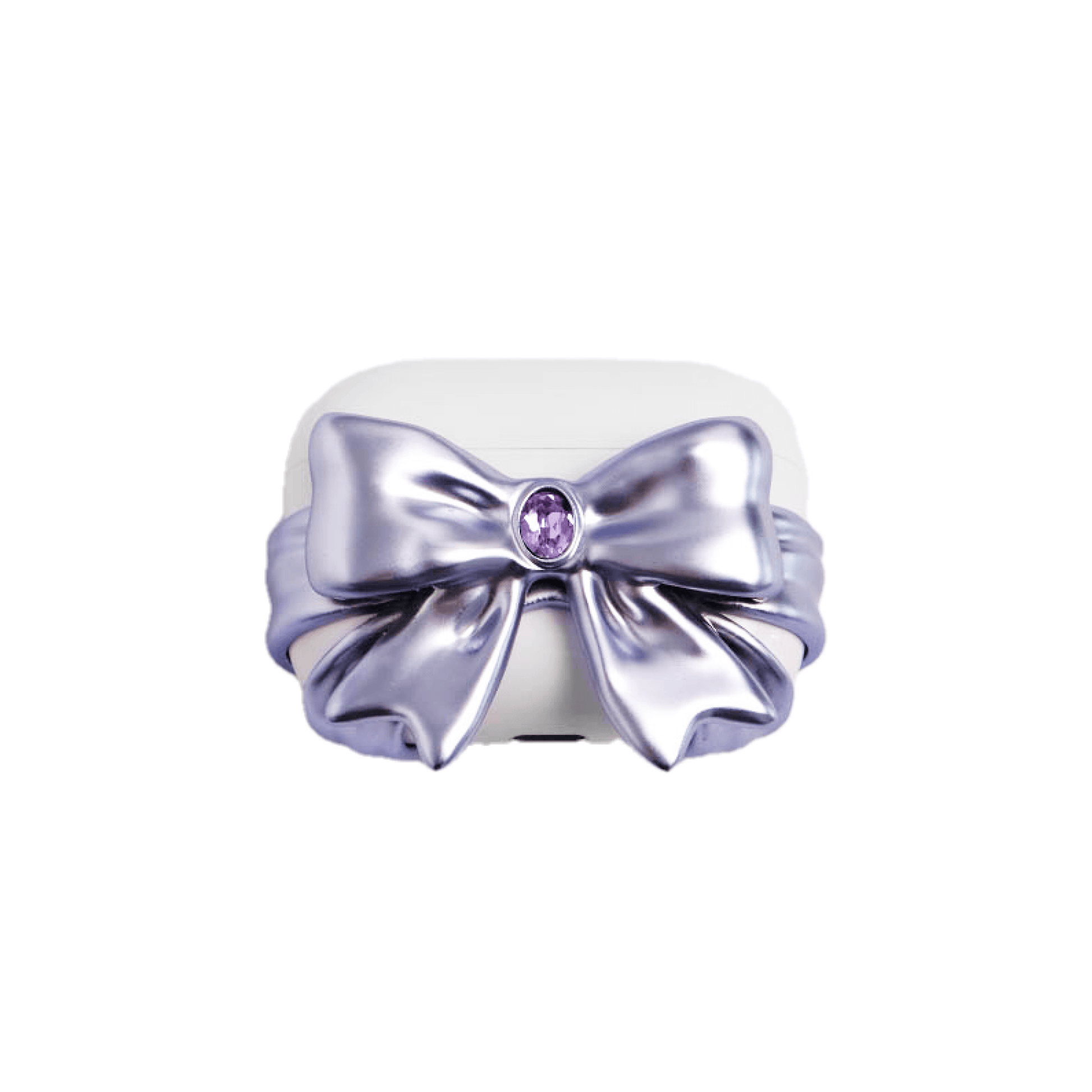 Enchanting metallic purple bow-shaped AirPods case with a matching sparkling center gemstone, limited edition romantic tech accessory.
幻想的なメタリックパープルのリボン型AirPodsケース。中央に輝く同系色の宝石をあしらった、限定版のロマンチックなテックアクセサリー。