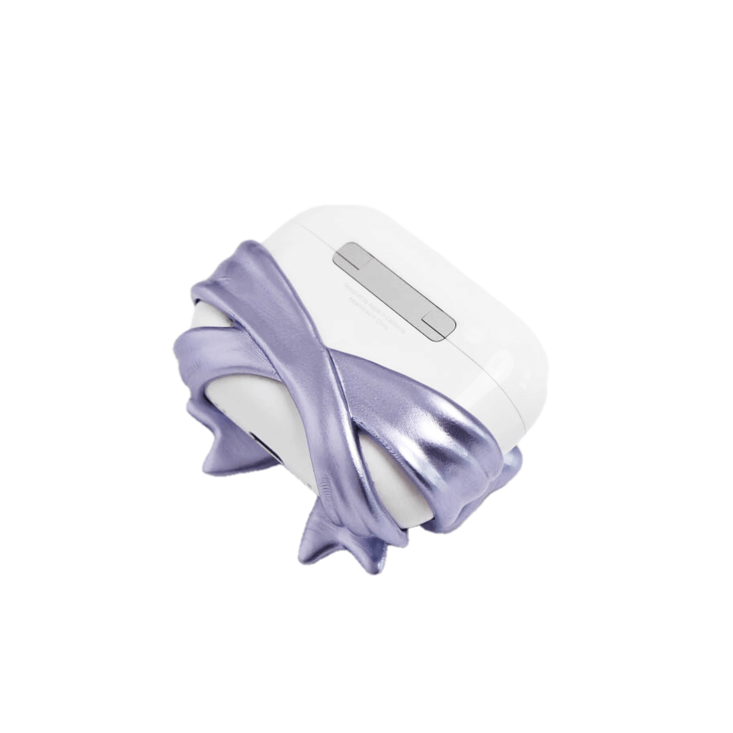 PURPLE GEM BOW AIRPODS COVER LIMITED. White AirPods case wrapped with a 3D metallic-look violet bow featuring a central purple gem.