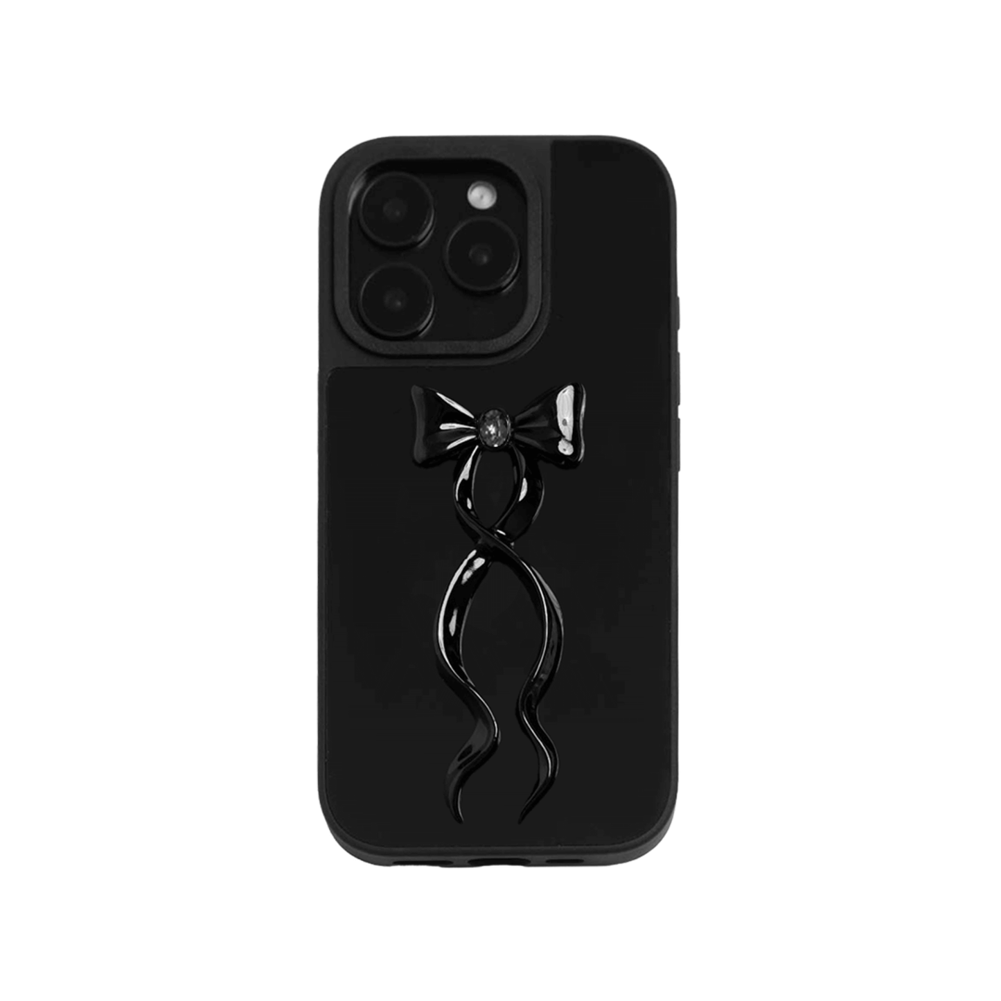 Collection of five Gem Ribbon iPhone Case XS designs, showing clear cases with 3D metallic ribbons in silver, black, white, pink, and purple.