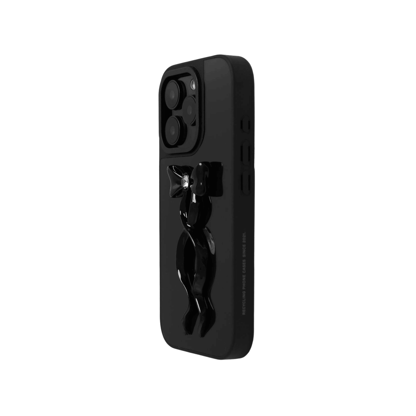 Collection of five Gem Ribbon iPhone Case XS designs, showing clear cases with 3D metallic ribbons in silver, black, white, pink, and purple.