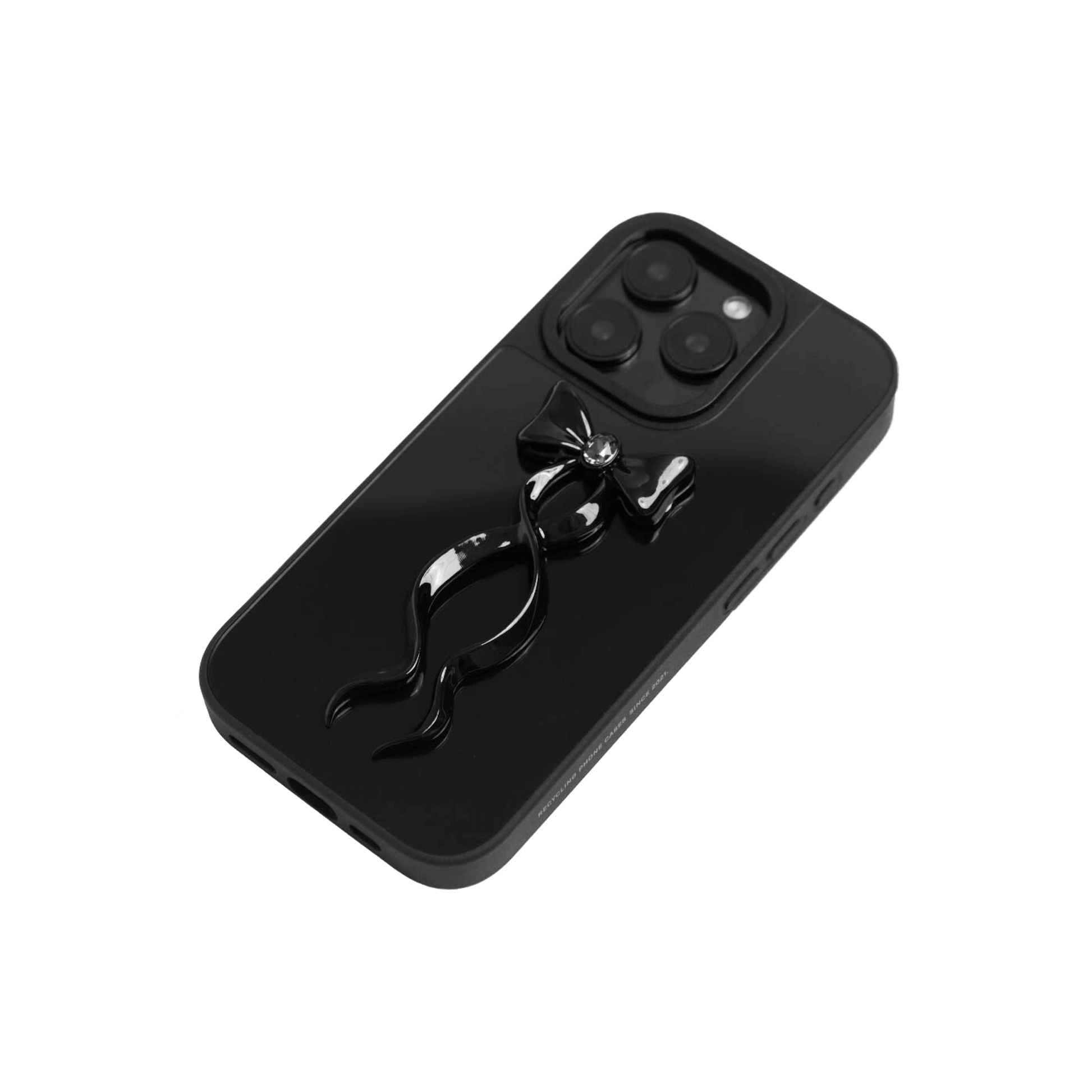 Collection of five Gem Ribbon iPhone Case XS designs, showing clear cases with 3D metallic ribbons in silver, black, white, pink, and purple.