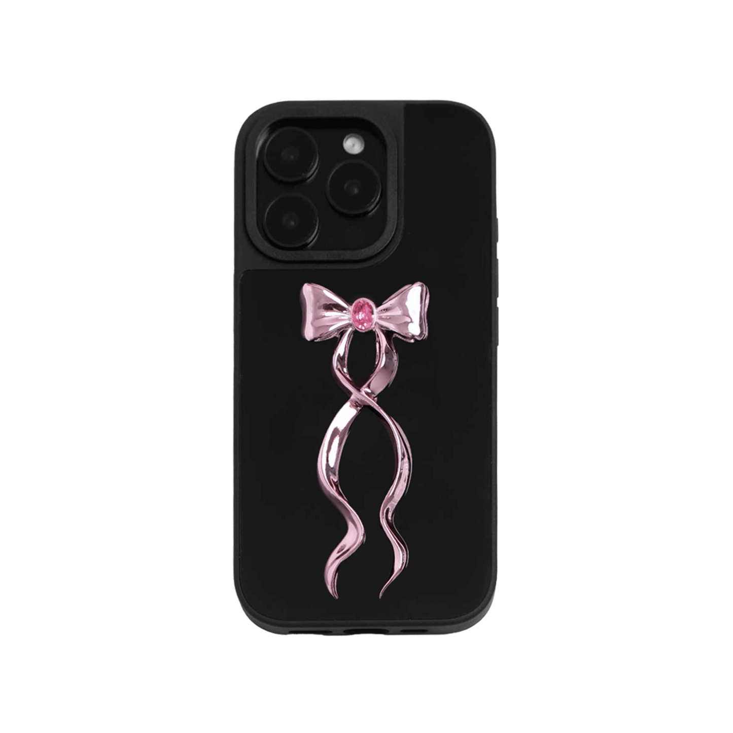 Collection of five Gem Ribbon iPhone Case XS designs, showing clear cases with 3D metallic ribbons in silver, black, white, pink, and purple.