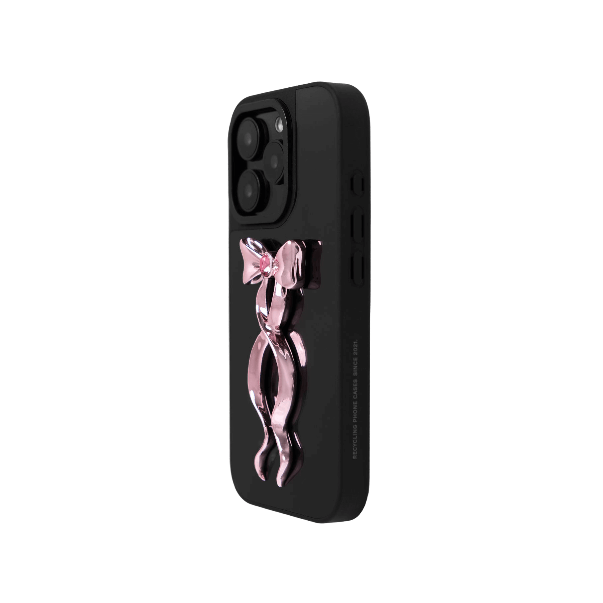 Collection of five Gem Ribbon iPhone Case XS designs, showing clear cases with 3D metallic ribbons in silver, black, white, pink, and purple.
