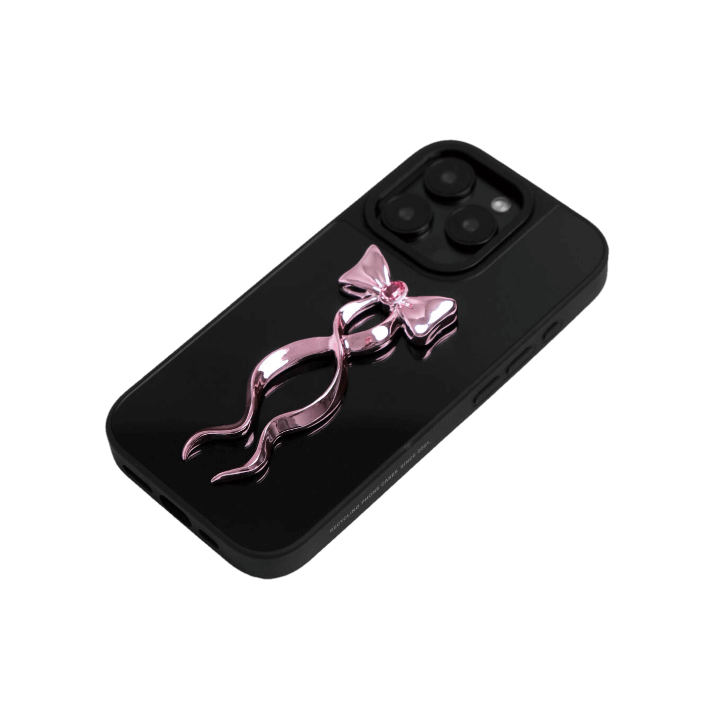 Collection of five Gem Ribbon iPhone Case XS designs, showing clear cases with 3D metallic ribbons in silver, black, white, pink, and purple.