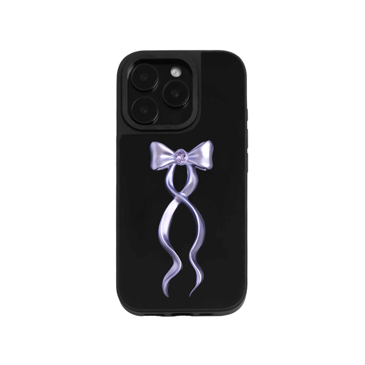 Collection of five Gem Ribbon iPhone Case XS designs, showing clear cases with 3D metallic ribbons in silver, black, white, pink, and purple.