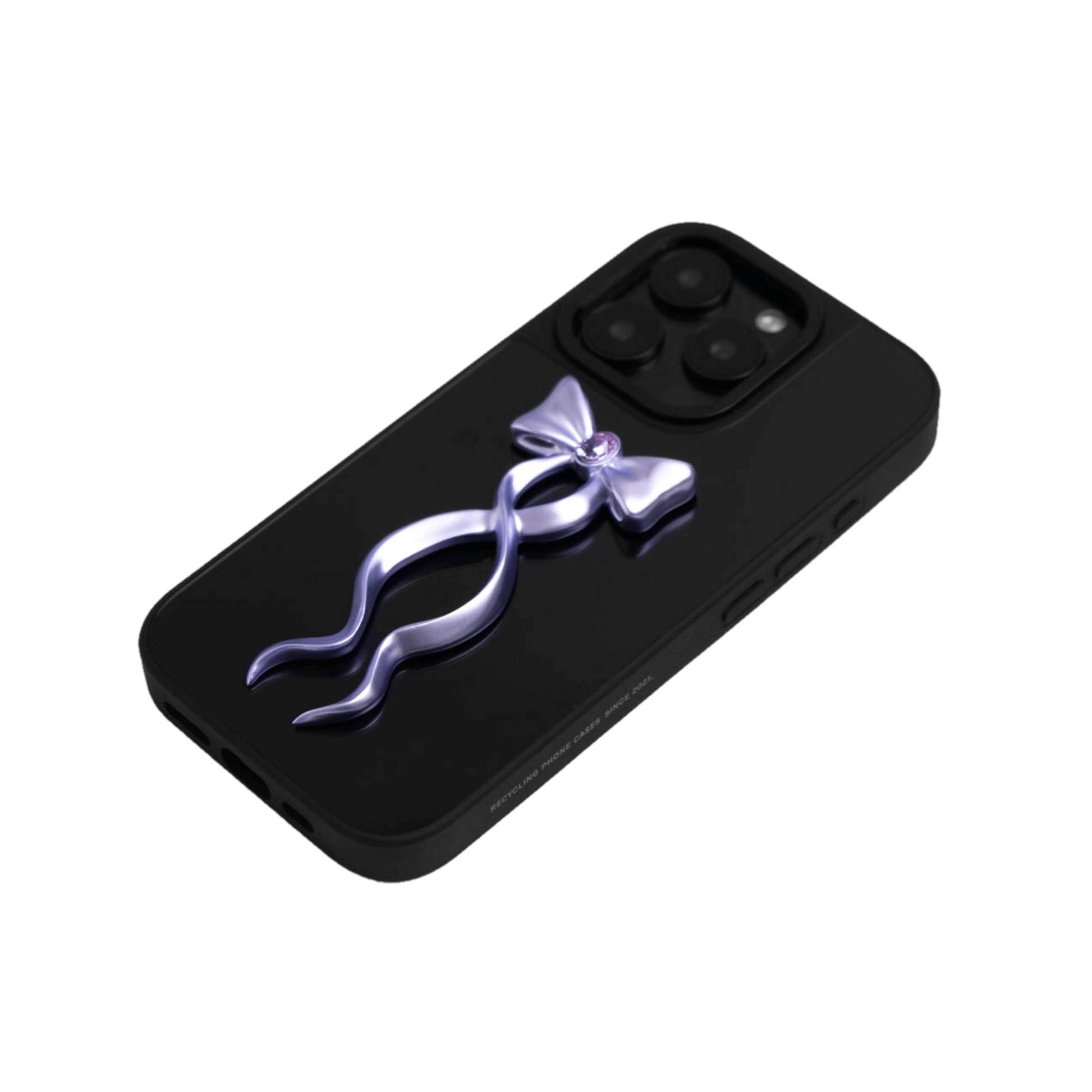 Collection of five Gem Ribbon iPhone Case XS designs, showing clear cases with 3D metallic ribbons in silver, black, white, pink, and purple.