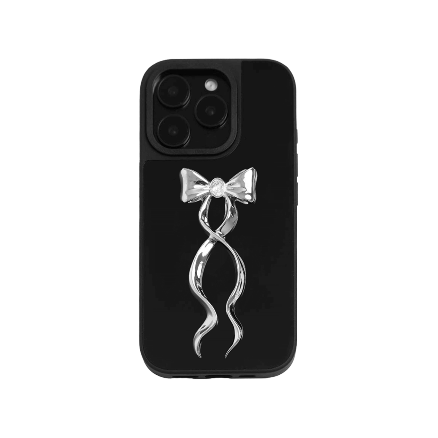 Collection of five Gem Ribbon iPhone Case XS designs, showing clear cases with 3D metallic ribbons in silver, black, white, pink, and purple.