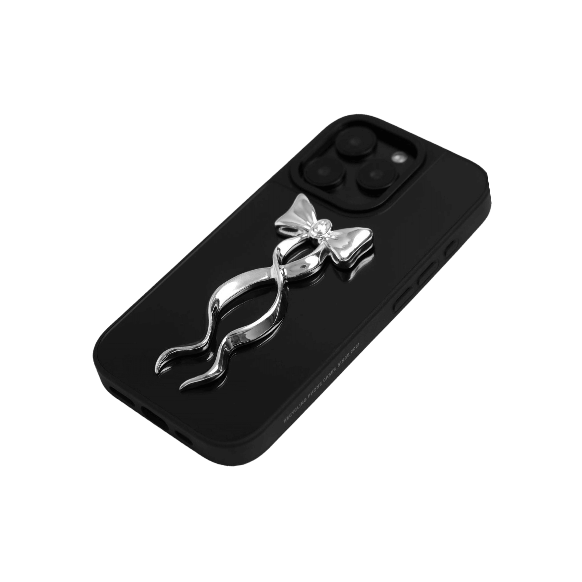 Collection of five Gem Ribbon iPhone Case XS designs, showing clear cases with 3D metallic ribbons in silver, black, white, pink, and purple.