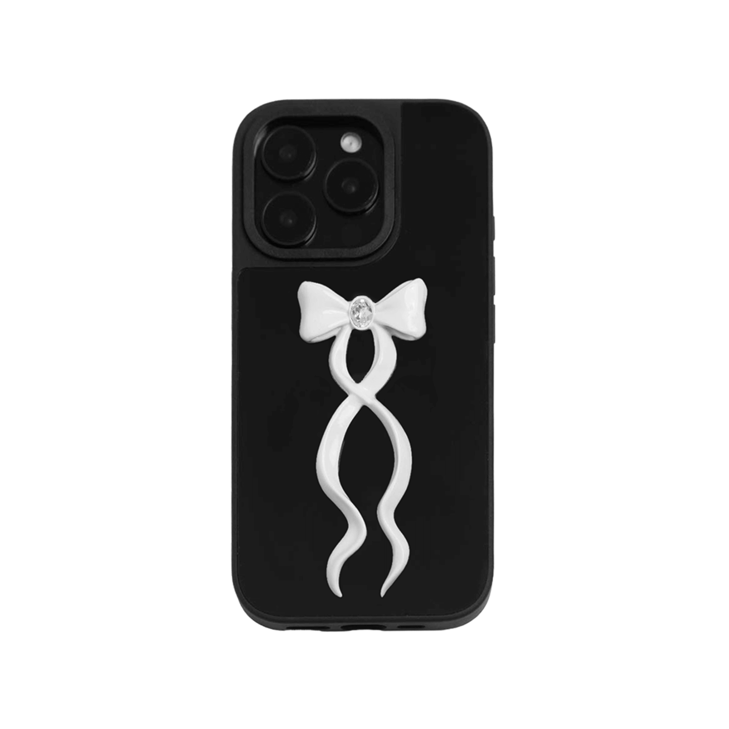 Collection of five Gem Ribbon iPhone Case XS designs, showing clear cases with 3D metallic ribbons in silver, black, white, pink, and purple.