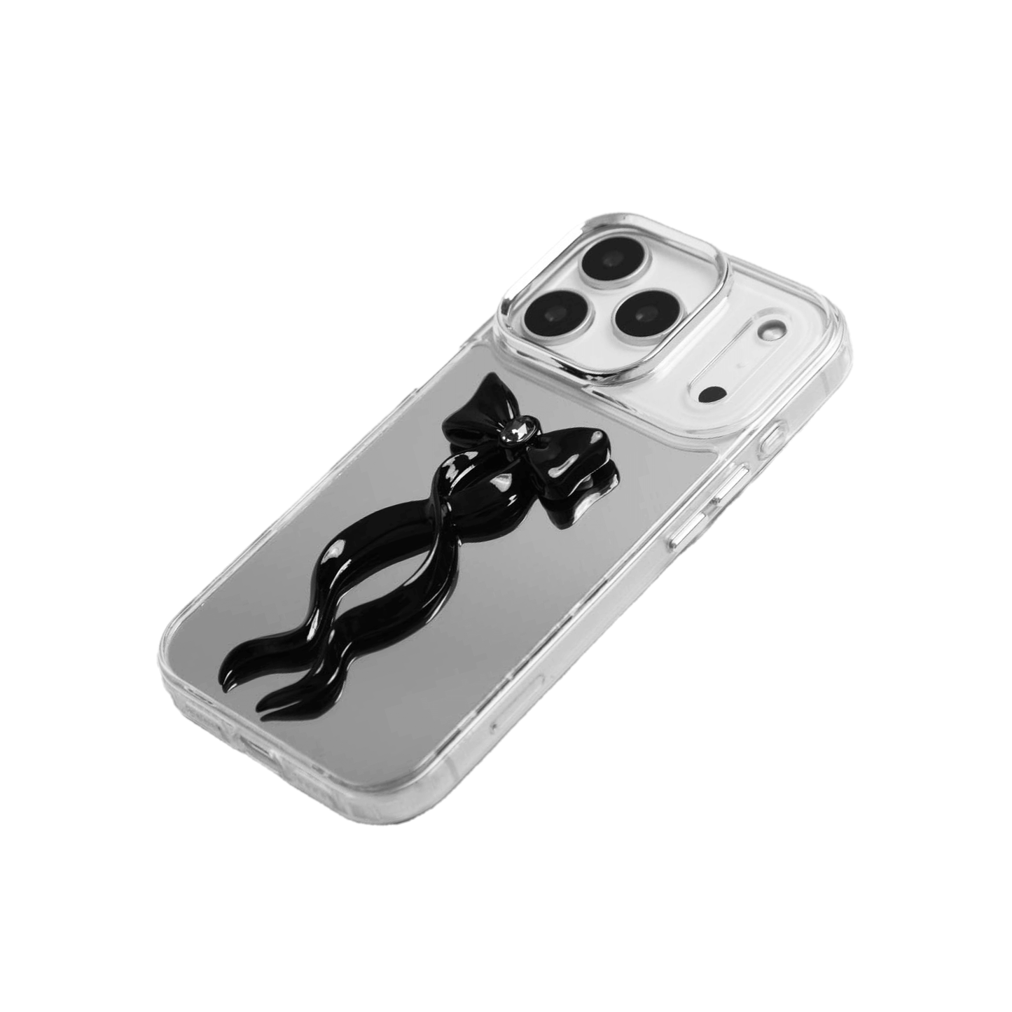 Collection of five Gem Ribbon iPhone Case XS designs, showing clear cases with 3D metallic ribbons in silver, black, white, pink, and purple.