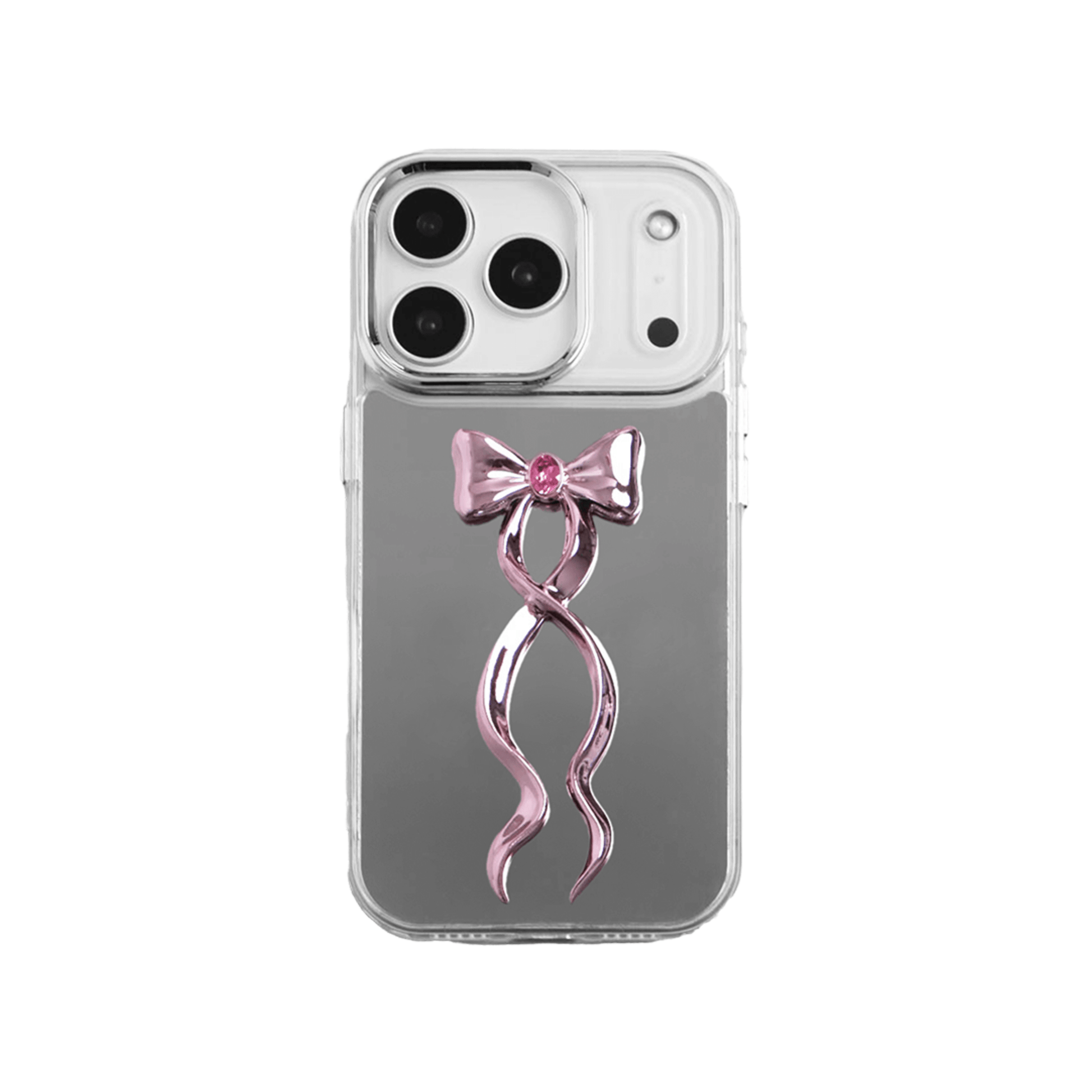 Collection of five Gem Ribbon iPhone Case XS designs, showing clear cases with 3D metallic ribbons in silver, black, white, pink, and purple.