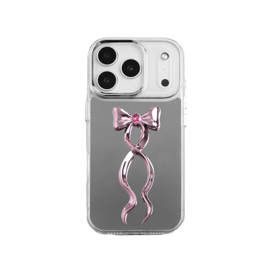 Collection of five Gem Ribbon iPhone Case XS designs, showing clear cases with 3D metallic ribbons in silver, black, white, pink, and purple.
