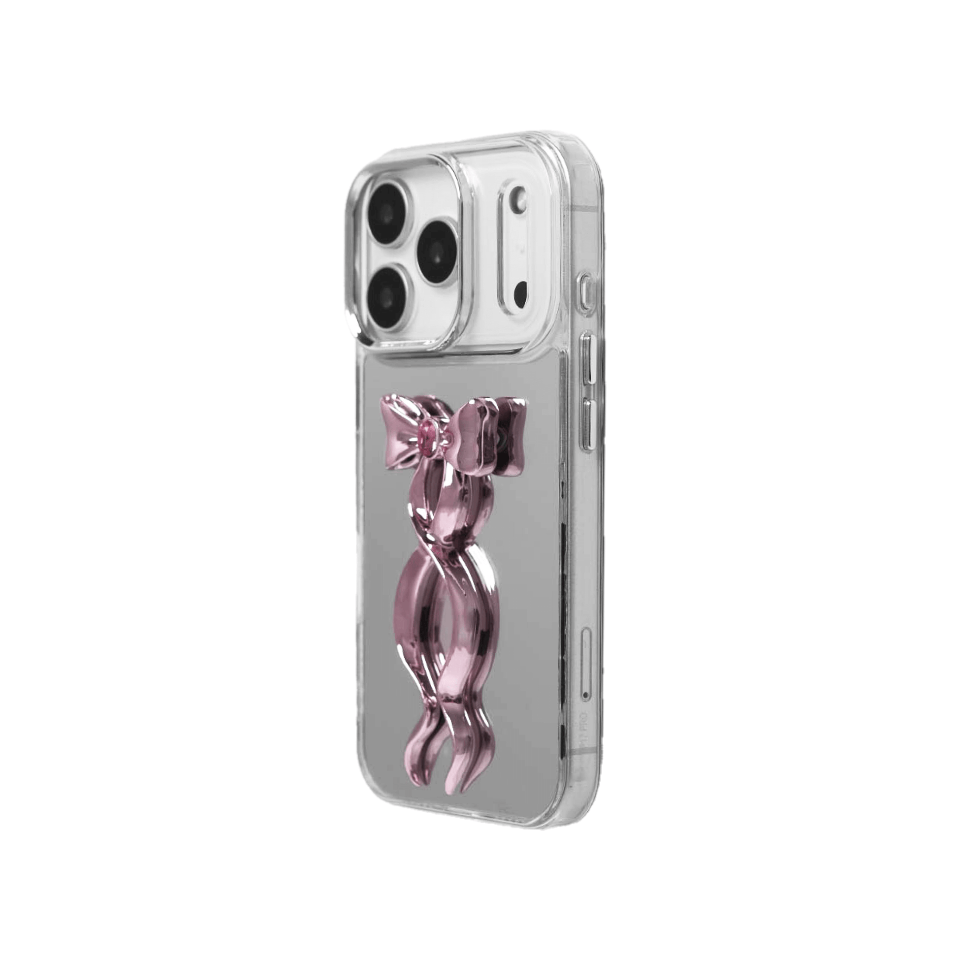Collection of five Gem Ribbon iPhone Case XS designs, showing clear cases with 3D metallic ribbons in silver, black, white, pink, and purple.
