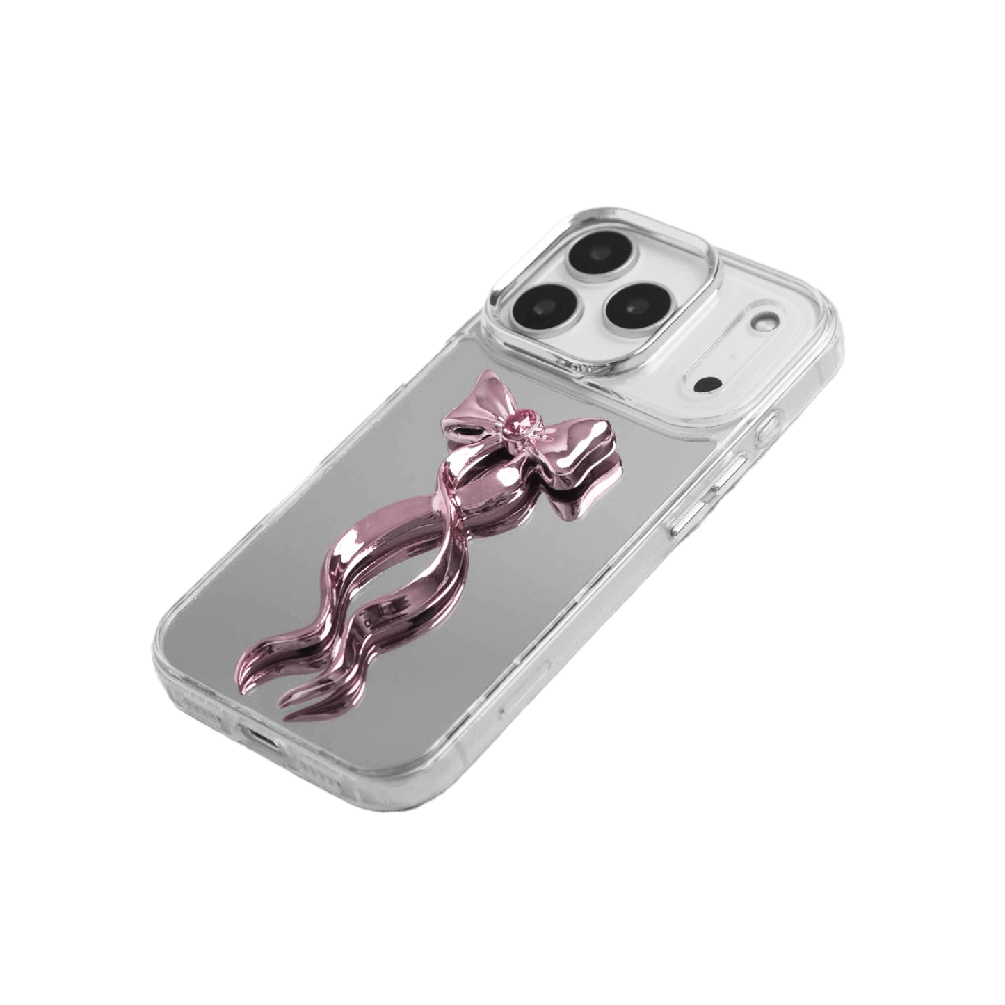 Collection of five Gem Ribbon iPhone Case XS designs, showing clear cases with 3D metallic ribbons in silver, black, white, pink, and purple.