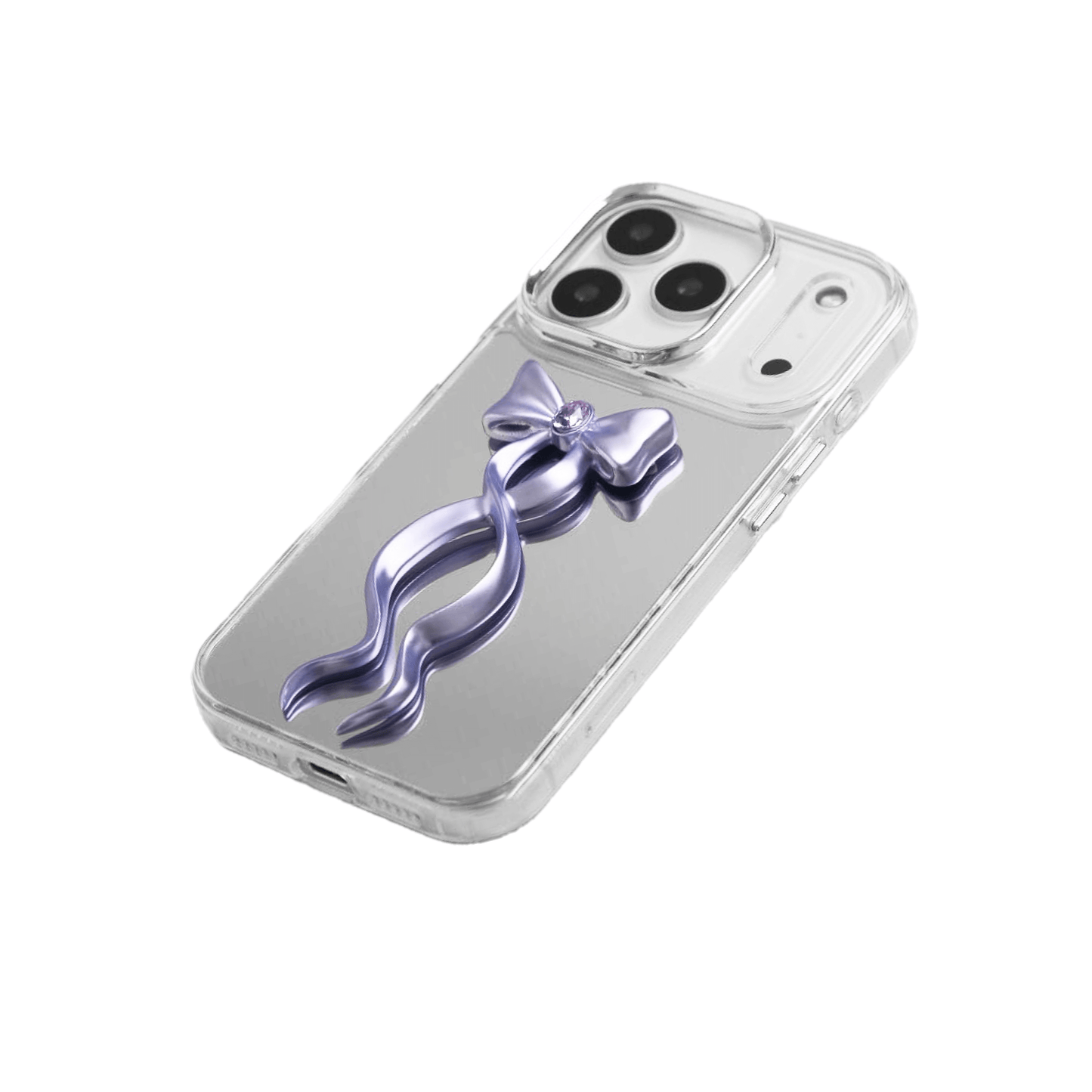 Collection of five Gem Ribbon iPhone Case XS designs, showing clear cases with 3D metallic ribbons in silver, black, white, pink, and purple.