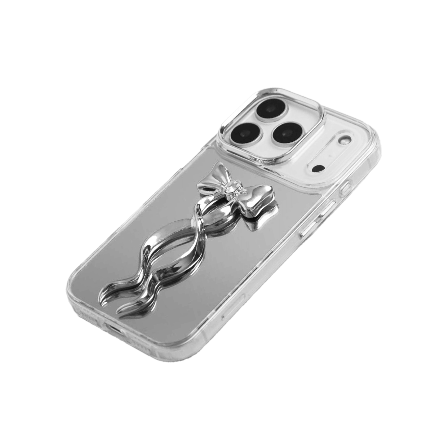 Collection of five Gem Ribbon iPhone Case XS designs, showing clear cases with 3D metallic ribbons in silver, black, white, pink, and purple.