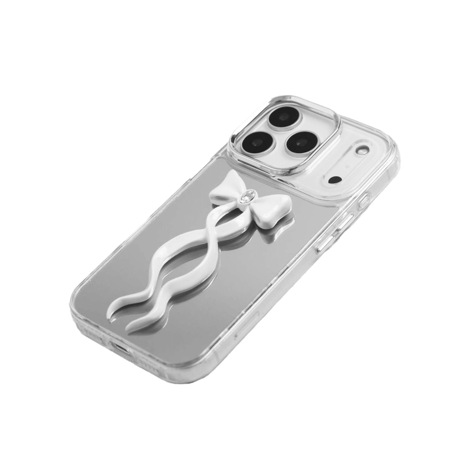 Collection of five Gem Ribbon iPhone Case XS designs, showing clear cases with 3D metallic ribbons in silver, black, white, pink, and purple.