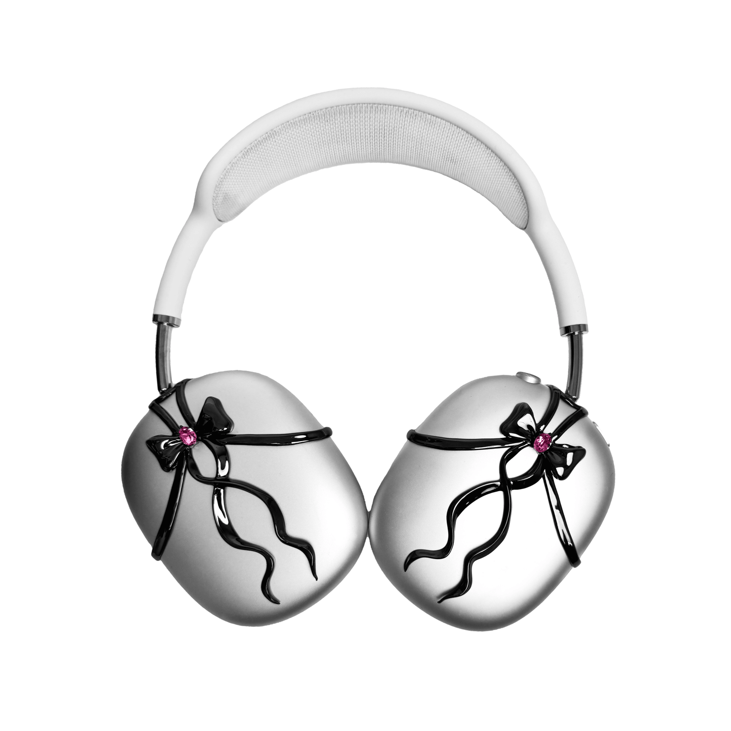 AirPods Max cover with sculpted metallic black/silver shells, adorned with a flowing 3D ribbon design and highlighted by a shimmering Pink Gem (Swarovski Crystal), creating a luxurious, statement look.