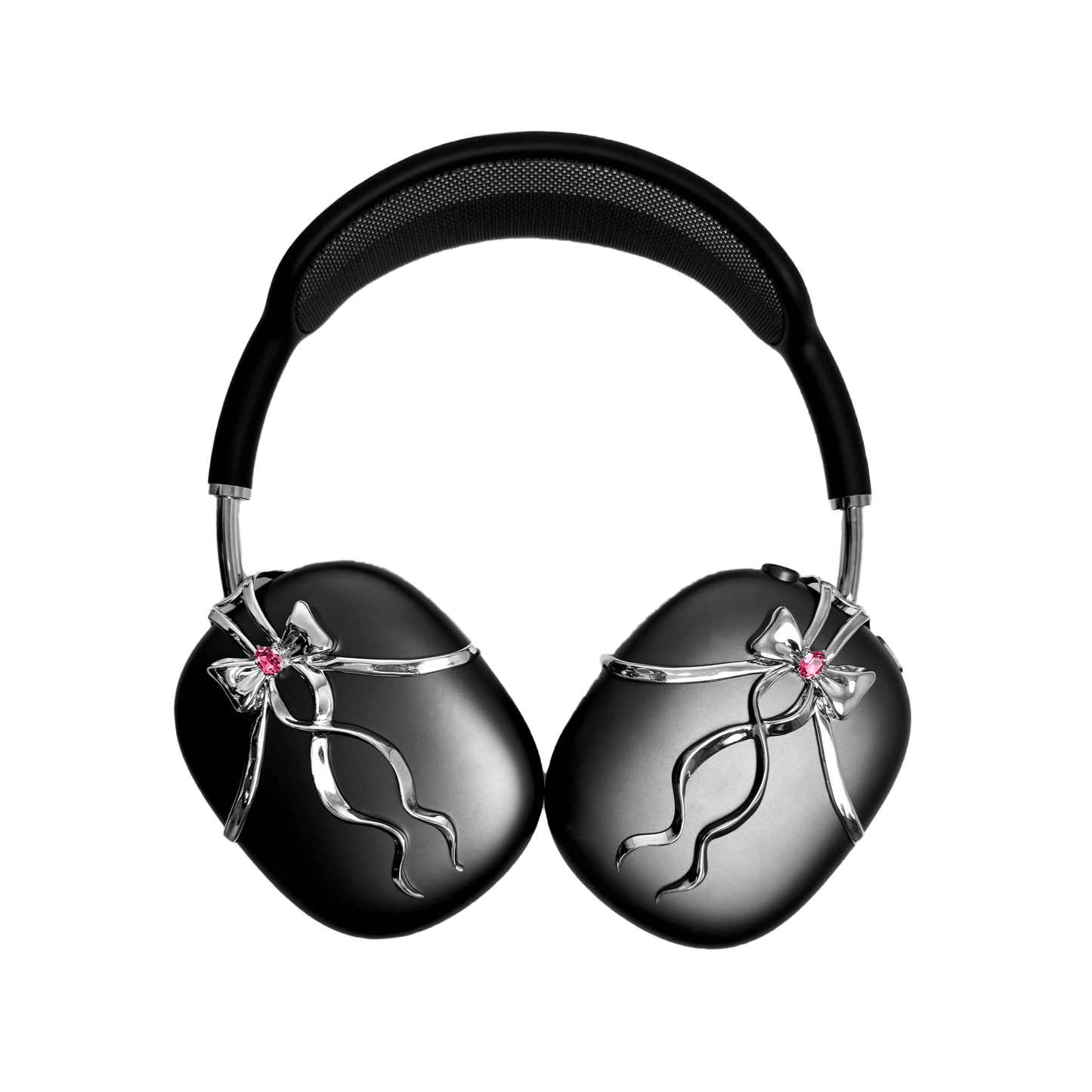 AirPods Max cover with sculpted metallic black/silver shells, adorned with a flowing 3D ribbon design and highlighted by a shimmering Pink Gem (Swarovski Crystal), creating a luxurious, statement look.