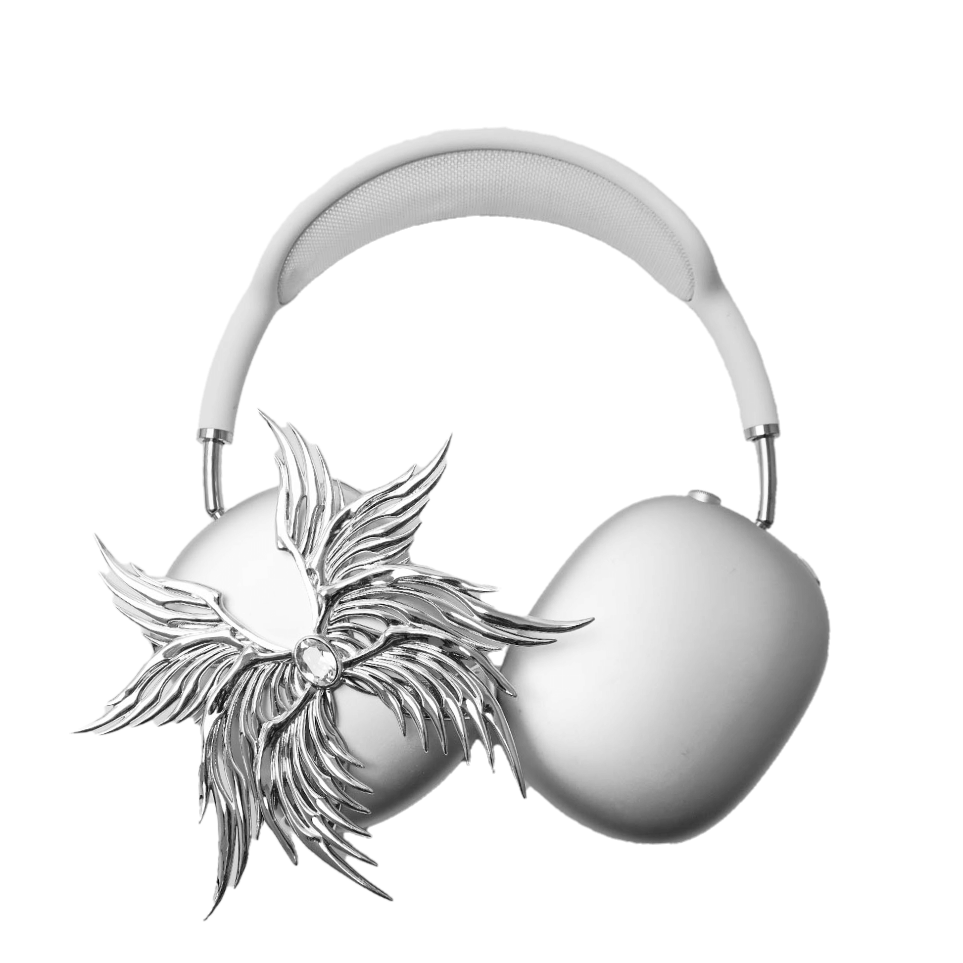 A high-fashion 3D attachment for AirPods Max headphones featuring layered, symmetrical Seraphim angel wings with a central white Swarovski crystal on each ear cup. Shown in two finish options: Reflective Silver Chrome and Matte Ethereal White.