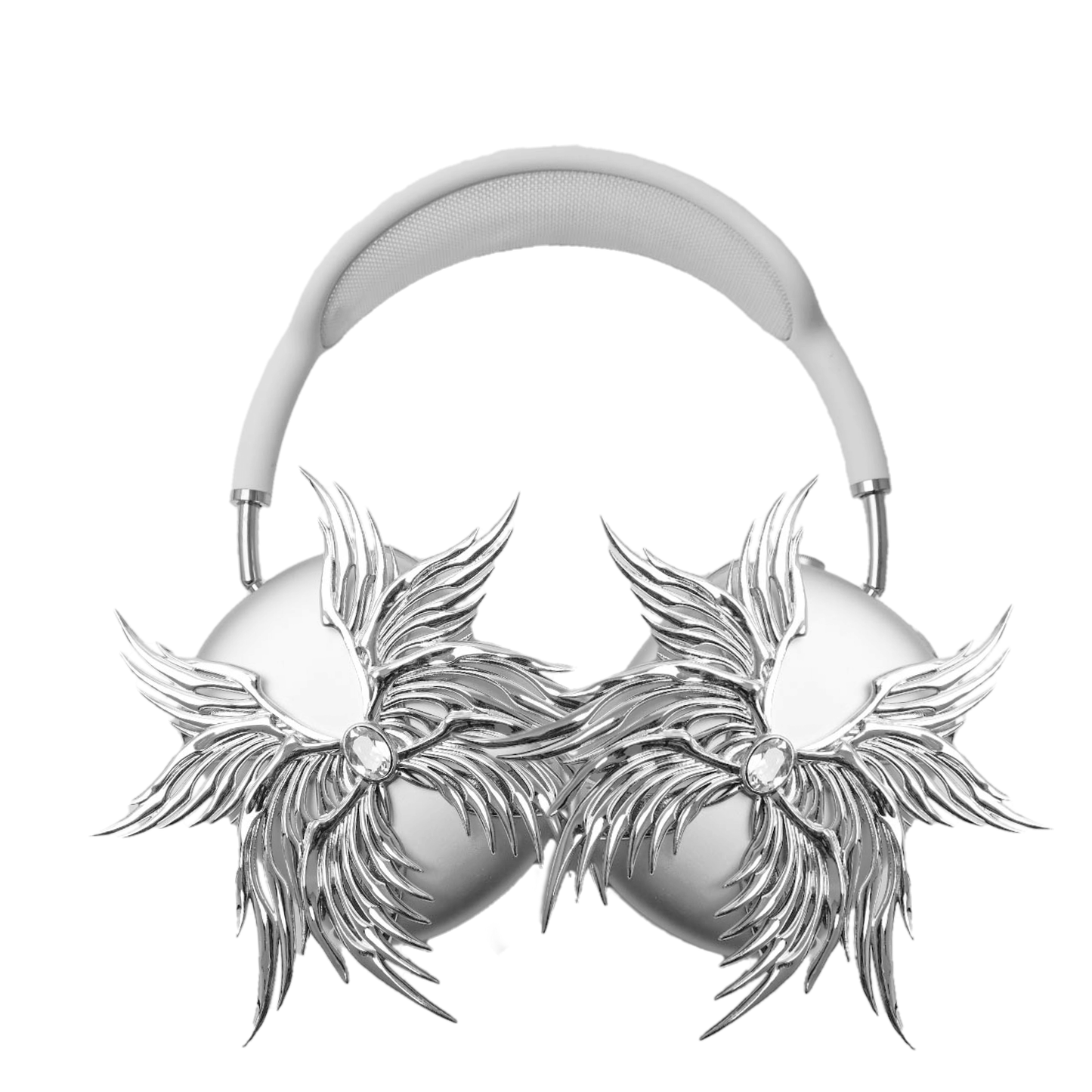 A high-fashion 3D attachment for AirPods Max headphones featuring layered, symmetrical Seraphim angel wings with a central white Swarovski crystal on each ear cup. Shown in two finish options: Reflective Silver Chrome and Matte Ethereal White.
