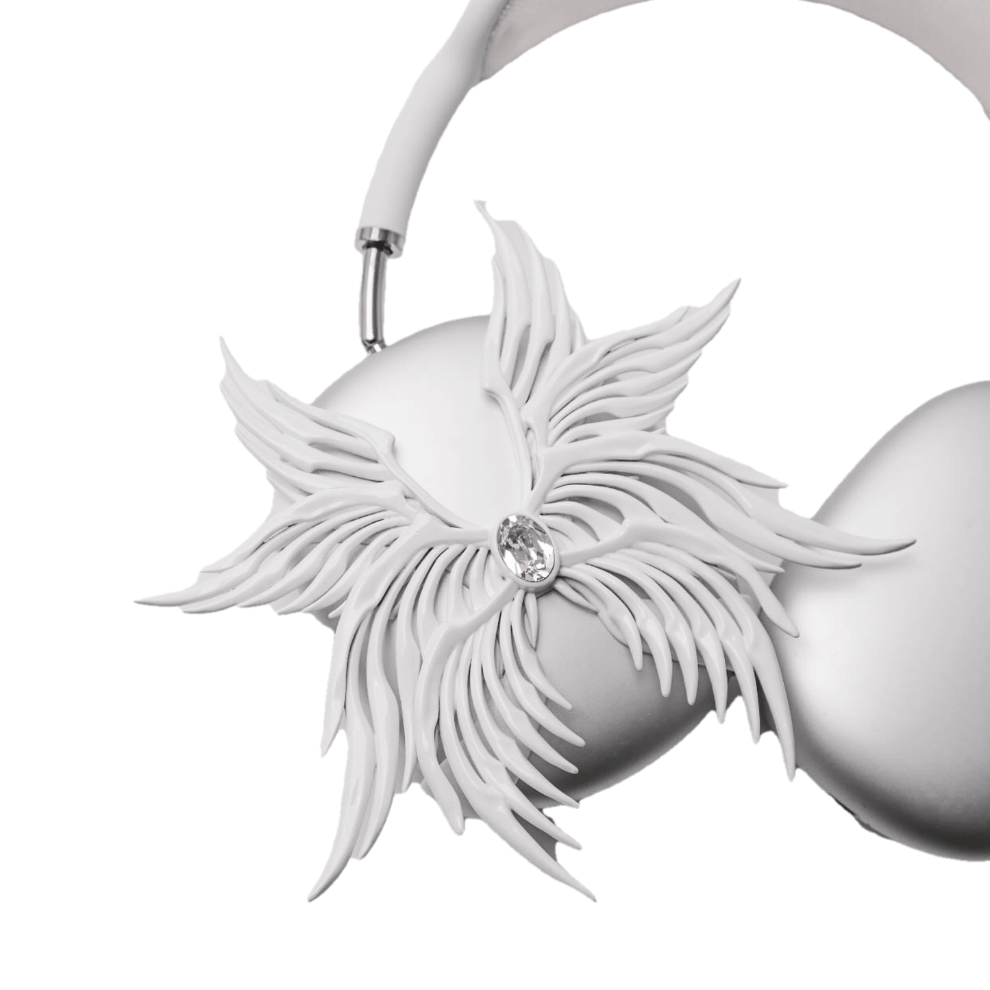 A high-fashion 3D attachment for AirPods Max headphones featuring layered, symmetrical Seraphim angel wings with a central white Swarovski crystal on each ear cup. Shown in two finish options: Reflective Silver Chrome and Matte Ethereal White.
