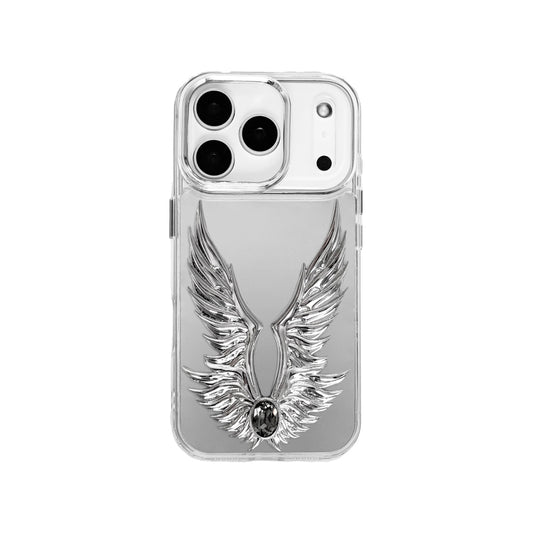 The Gem Silver Angel Wings iPhone Case featuring symmetrical 3D sculpted silver wings with a central rhinestone. Shown with both White and Black gem options, available on Silver, Transparent, and Black case bases.