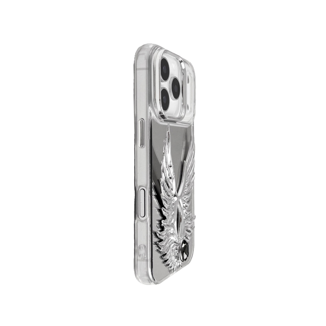 The Gem Silver Angel Wings iPhone Case featuring symmetrical 3D sculpted silver wings with a central rhinestone. Shown with both White and Black gem options, available on Silver, Transparent, and Black case bases.