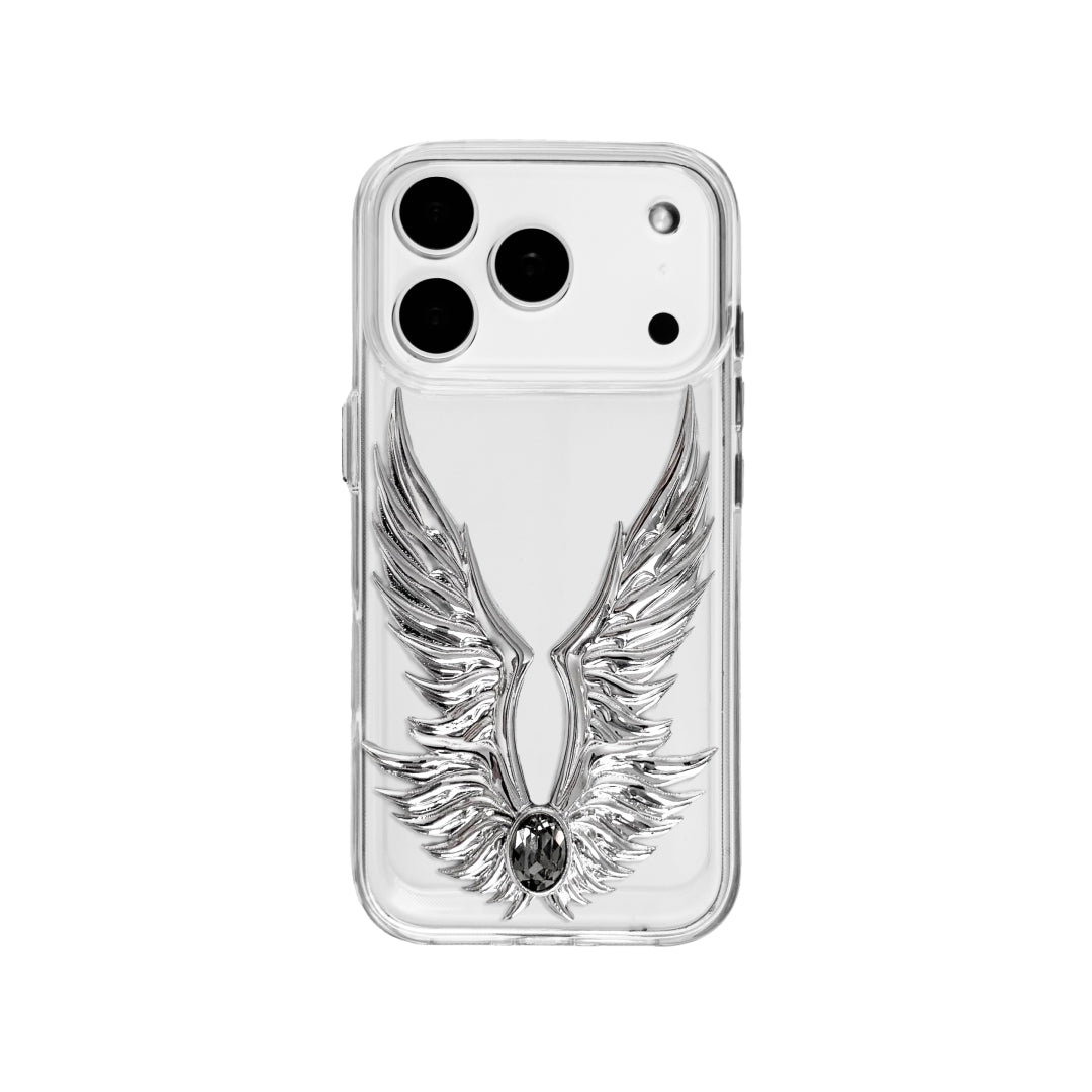 The Gem Silver Angel Wings iPhone Case featuring symmetrical 3D sculpted silver wings with a central rhinestone. Shown with both White and Black gem options, available on Silver, Transparent, and Black case bases.