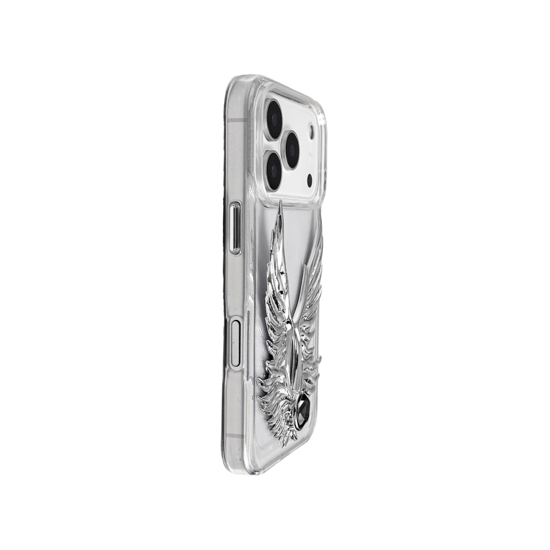 The Gem Silver Angel Wings iPhone Case featuring symmetrical 3D sculpted silver wings with a central rhinestone. Shown with both White and Black gem options, available on Silver, Transparent, and Black case bases.