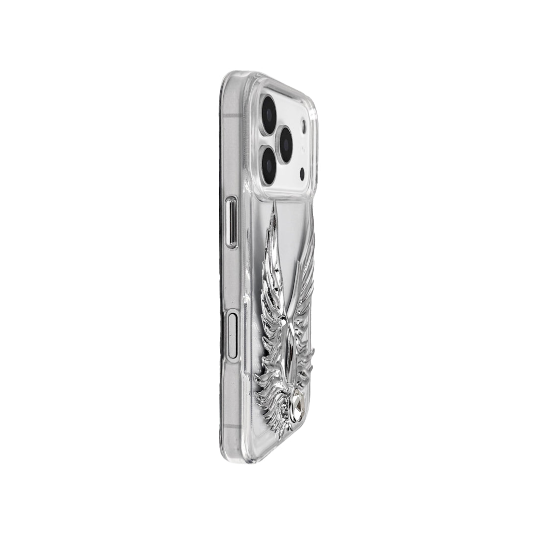 The Gem Silver Angel Wings iPhone Case featuring symmetrical 3D sculpted silver wings with a central rhinestone. Shown with both White and Black gem options, available on Silver, Transparent, and Black case bases.