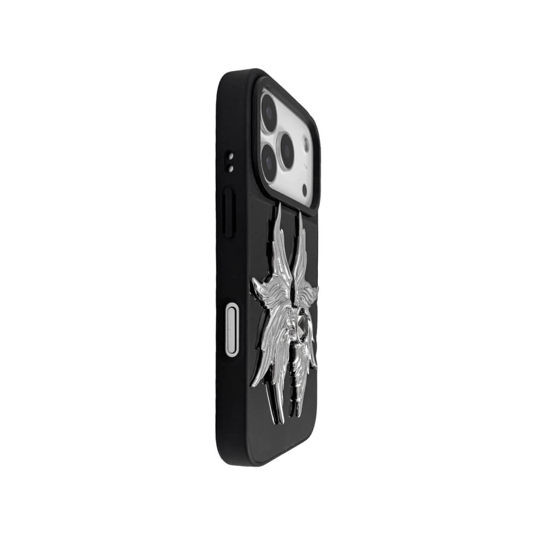 The Gem Silver Seraphim iPhone Case featuring 3D sculpted silver metallic wings with a central rhinestone. Shown with both White and Black gem options, available on Silver, Transparent, and Black case bases.