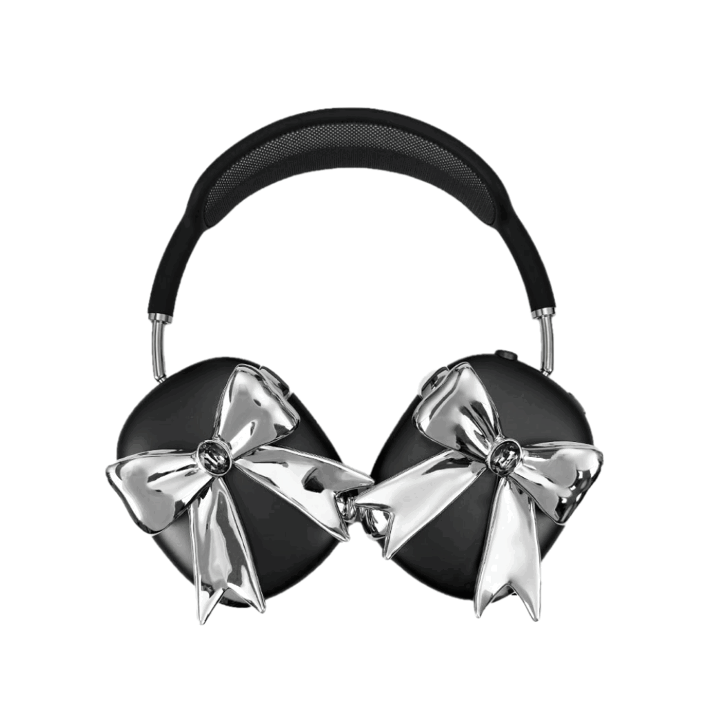 Glossy lilac AirPods Max cover with sculptural silver ribbon and gem detail – futuristic feminine tech accessory